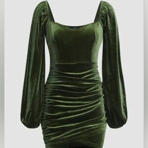 Cider Green Ruched Bodycon Dress with Bishop Sleeves. Stretch Velvet. L. NWR